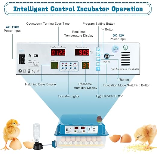 Incubators for Hatching Eggs,64 Egg Incubator with Automatic Turner, Digital Temperature & Humidity Control, Dual Power for Hatching Chicken, Duck, Goose, Bird, Quail Eggs