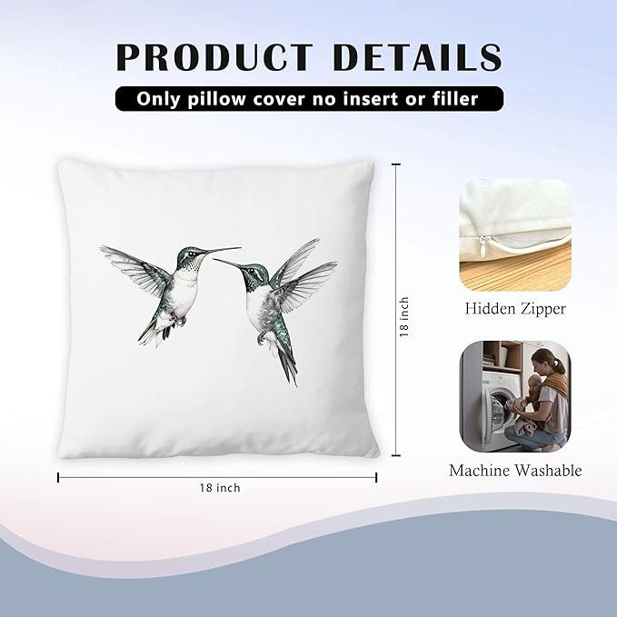 Hummingbirds Pillow Covers 18x18 Inch Set of 2, Hummingbird Throw Pillow Cases for Home Bedroom Living Room Decor, Gifts for Bird Lovers Decorative
