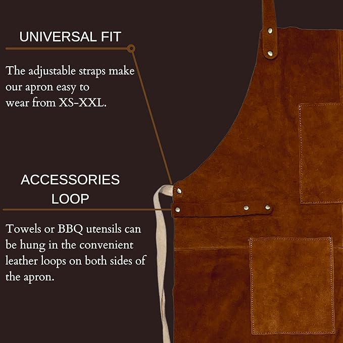 RUSTIC TOWN Leather Grill Work Apron with Tool Pockets ~ Adjustable up to XXL for Men & Women ~ Leather Tool Apron