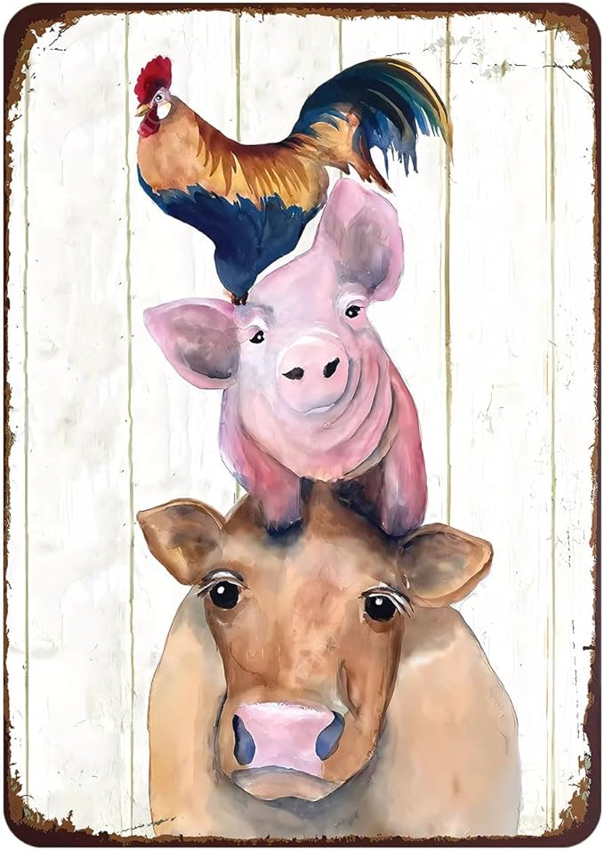 Rustic Farm Animals Metal Sign Chicken Pig Cow Vintage Style Wall Decor for Farmhouse 12x8 Inches