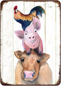 Rustic Farm Animals Metal Sign Chicken Pig Cow Vintage Style Wall Decor for Farmhouse 12x8 Inches