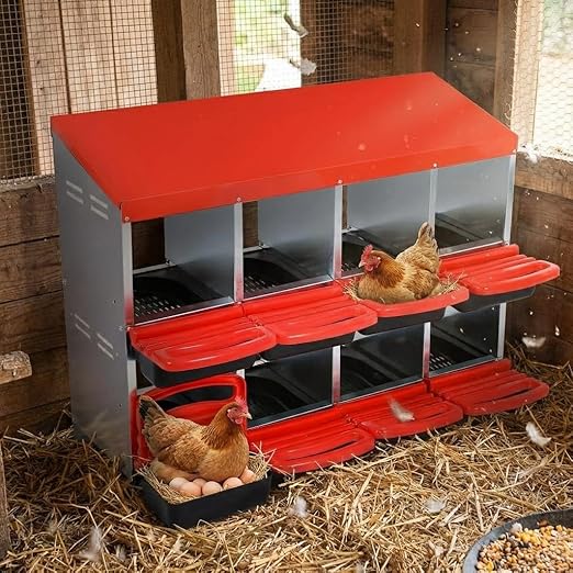 Garvee Chicken Nesting Boxes, 8 Hole Metal Chicken Laying Box with Removable Trays for Chicken Coop, Red
