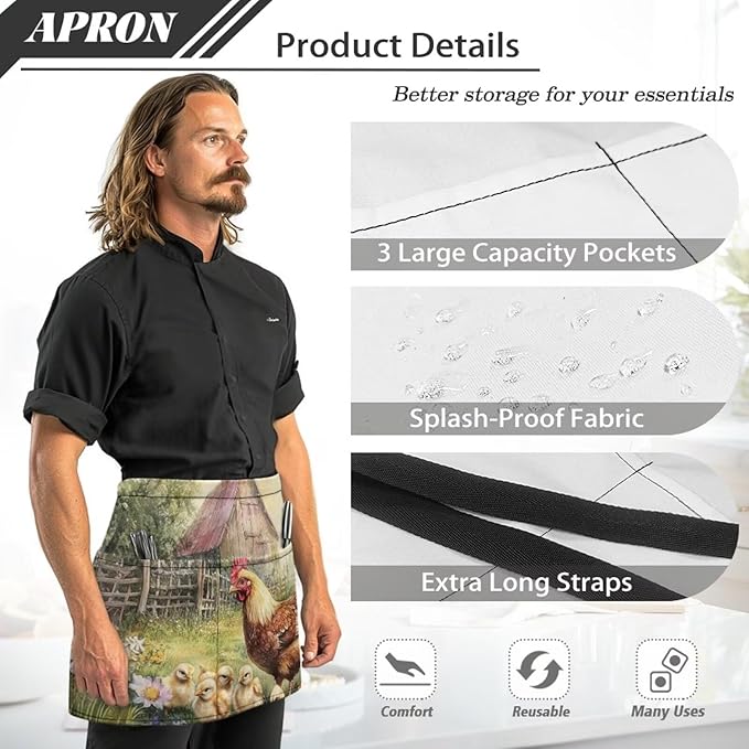 Waistress Apron with Pockets Coffee Waiter Apron Long String Chef Half Aprons for Cooking Kitchen Hairdresser