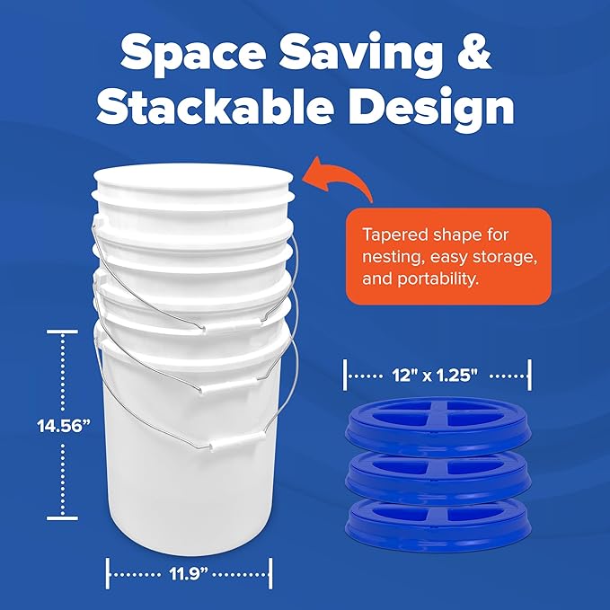 ePackageSupply 5 Gallon White Bucket with Blue Gamma Seal Screw on Airtight Lid | Made in USA | Food Grade | Heavy-Duty HPDE Plastic | Durable 90 Mil Pail | Easy Stack and Store | BPA Free (3 Count)