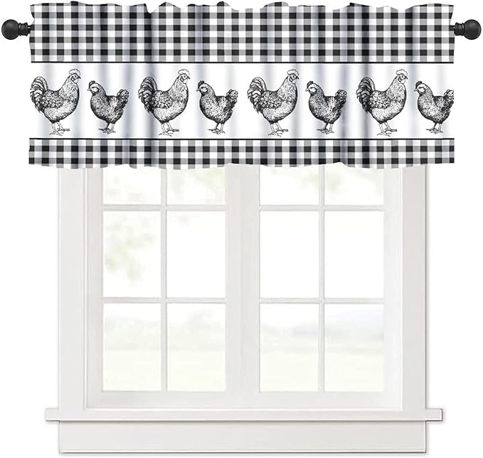 Rooster Valance Curtains Black White Buffalo Plaid Retro Rustic Farm Animals Rod Pocket Curtain Valance for Kitchen Bedroom Living Room Decor 1 Panel W54xL18 Inch