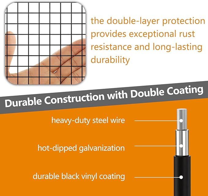 Black 19 Gauge 1/2 Inch Hardware Cloth - Vinyl Coated Welded Wire Mesh Roll - Duty Rust Proof Fencing for Gardens, Poultry Animal Netting Cage Screen (Black 1/2 48inx100Ft)