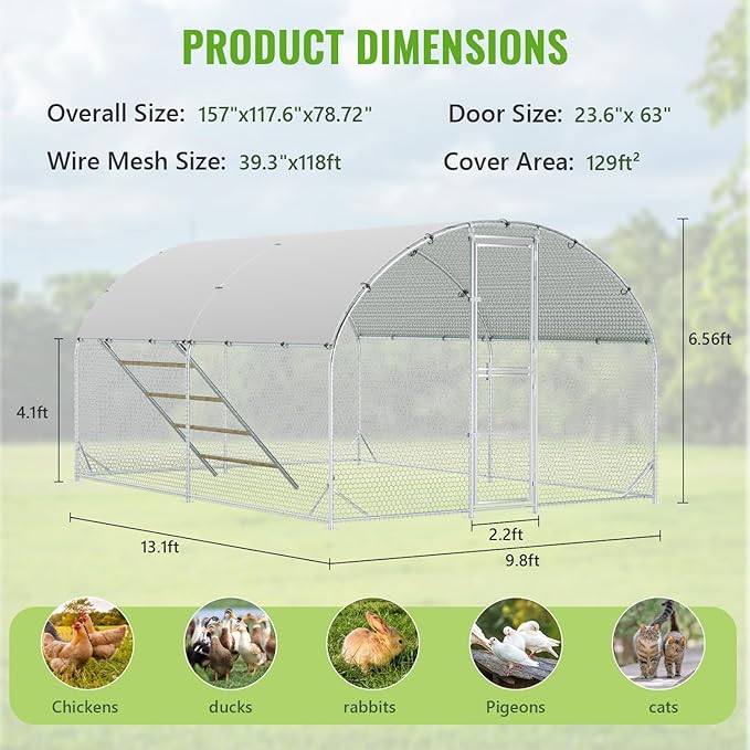 Large Metal Chicken Coop, 10x13x6.5FT Chicken Runs for Yard with Cover and Roosting Perch, Split Doors Walk in Chicken Coop