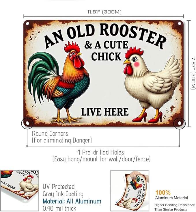 FunnySign Chicken Gifts Rooster Décor An Old Rooster & A Cute Chick Live Here Rustic Tin Sign For Home Farm Chicken Coop Decor 8x12 Inch (9713)