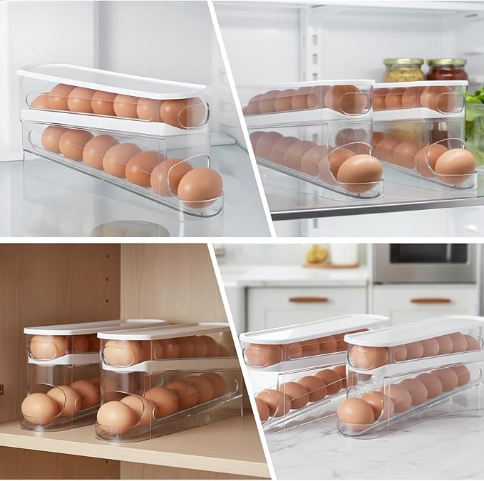 Egg Holder for Fridges 2 Pack, Auto Rolling Fridge Egg Carton 14 Grid Space Saving Clear Eggs Storage Box Eggs Dispenser Rolls Stackable Container with Lid for Fridge and Kitchen Cabinet