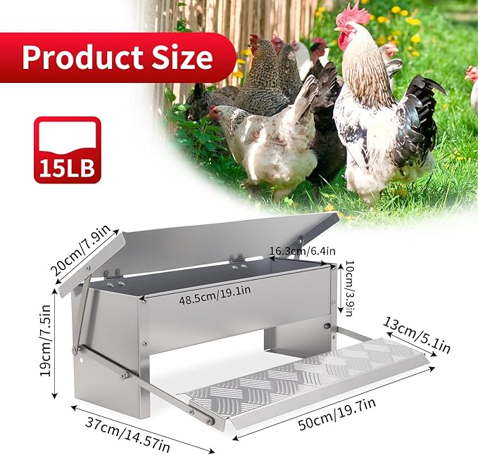 Automatic Chicken Feeder No Waste Large Poultry Stainless Steel with Weatherproof Lid Treadle Rat Proof Chicken Feeder Trough for Chicken Duck Gravity Food Dispenser