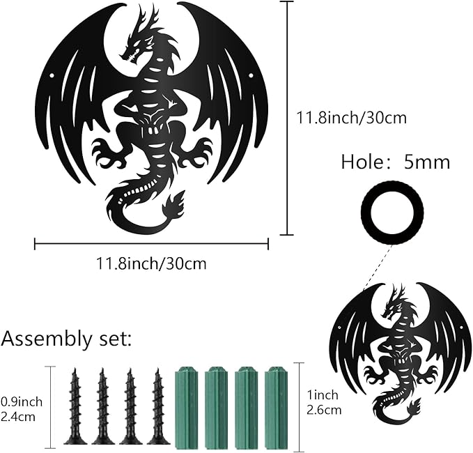 CREATCABIN Dragon Metal Wall Art Black Metal Wall Sculptures Iron Fly Dragon Western Fairytale Animal Wall Artwork Sign Ornament Decor for Living Room Office Garden Balcony Decoration 11.8 x 11.8 Inch