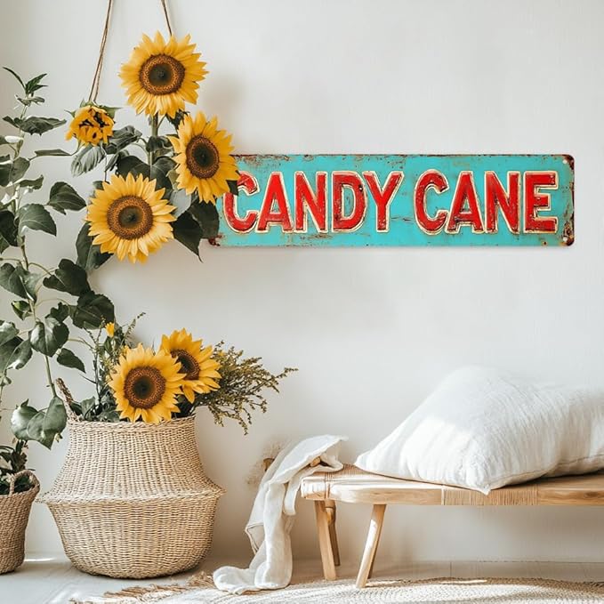 Vintage Style Christmas Street Decor 'Candy Cane' Metal Sign, 16x4 Inch - Distressed Finish Decorative Sign For Home, Porch, Garden, Garage, Cafe Wall/Gate Hanging Plaque, Christmas Decor