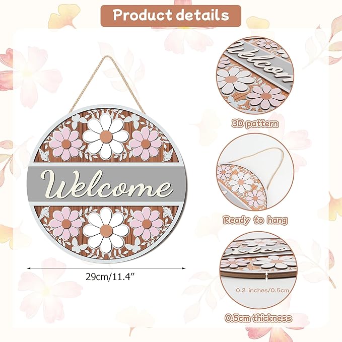 CHDITB 3D Flower Welcome Front Door Sign (12''x12''), Farmhouse Daisy Wooden Cutout Door Decor, Rustic Carved Welcome Spring Wall Hanging for Porch Garden Fence Flower Shop Decoration