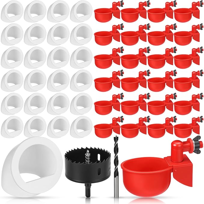 25 Sets Chicken Feeder and Water Cup Kit, Quail & Chick Port Feeder and Automatic Chicken Waterer with Hole Opener, Drill, DIY Waterer for Various Poultry