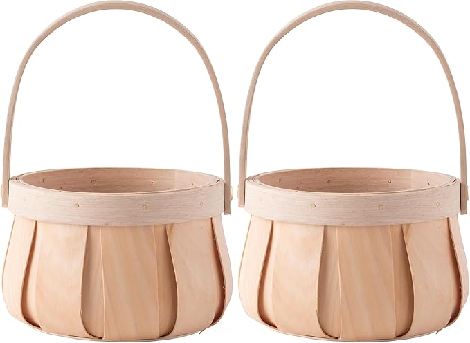 Vintiquewise Small Round Natural Woodchip Wooden Decorative Storage Basket with Handle (Pack of 2)
