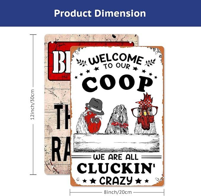 Metal Farm Signs: Funny Chicken Coop Decor - Home & Kitchen Gift - Chickens Plaque - 6 Pcs, 8x12 Inch