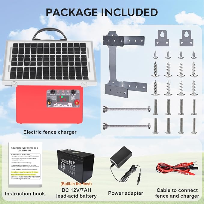 Solar Electric Fence Charger for Livestock,20 Miles Protection Range,24H/14D Uninterrupted Power,9.5KV Adjustable Output,7.5W Solar Panel,0.5 Joules Energy Output