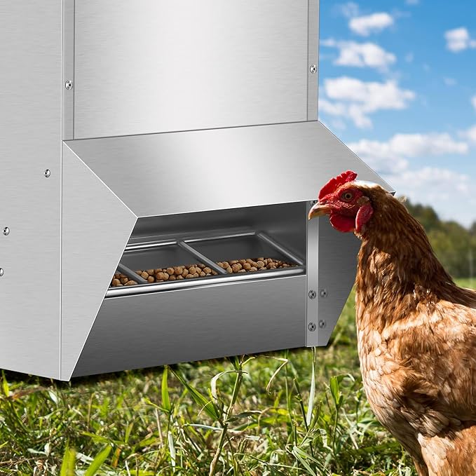 Galvanized Poultry Feeder, 30LBS Chicken Feeders No Waste, Rat Proof Hanging Chicken Feeder with Lid, Weatherproof Outdoor Coop Food Dispenser Silver