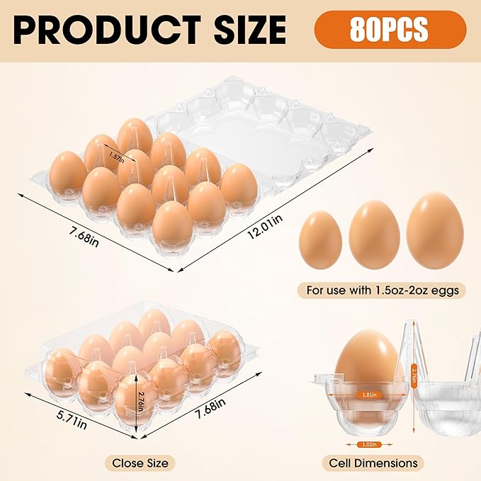 80 Pack Egg Cartons Cheap Bulk, 12 Count Clear Empty Egg Cartons for Fresh Chicken Eggs, 3x4 Grids Reusable Egg Holder Trays for Refrigerator Use, Chicken Farming, Family Storage and Market Purpose