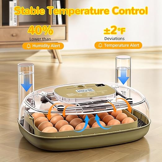 24 Egg Incubator with Temperature Control & Humidity Monitoring, Automatic Egg Turner, Built-in Egg Candler, 360° Clear View for Hatching Chicken, Duck, Quail Eggs - Ideal for Home, Classroom, Farm