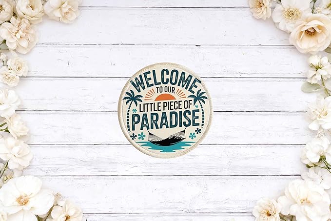 Little Piece of Paradise Metal Sign 8x8in Round Tropical Plaque for Patio Wall Decor Vacation Gift