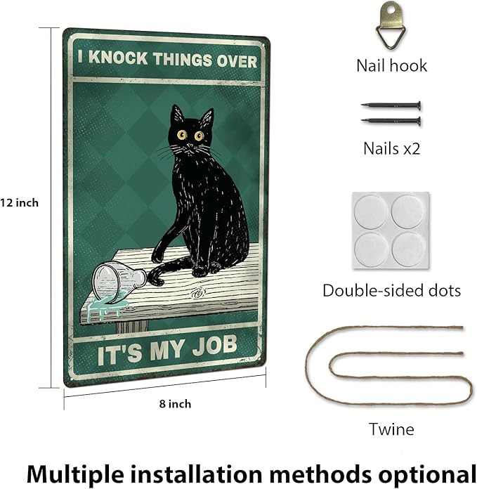 Funny Black Cat Tin Sign - Vintage "I Knock Things Over" Retro Decor, Sarcastic Metal Sign for Home, Kitchen, Bar, Unique Cat Lover Gifts, 8x12 Inch