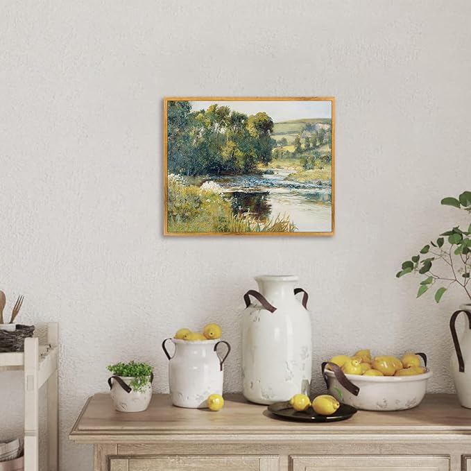 Vintage Landscape Framed Pictures Nature Scenery Posters River Nature Wall Art Rustic Landscape Painting Wilderness Green Poster Farmhouse Scenery Wall Art Rustic Forest Artwork 8x10inch Framed