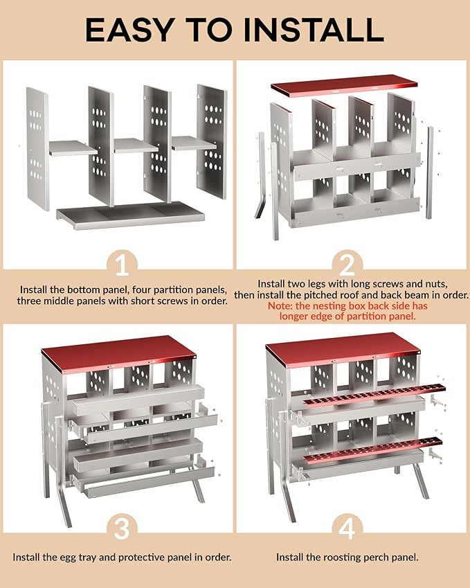 GarveeLife Metal Chicken Nesting Box for Laying Eggs, Rustproof Wall-mountable Roll Away Chicken Laying Boxes for Hens, Waterproof, Ventilated with Perch, 6 Compartments with Legs, Red