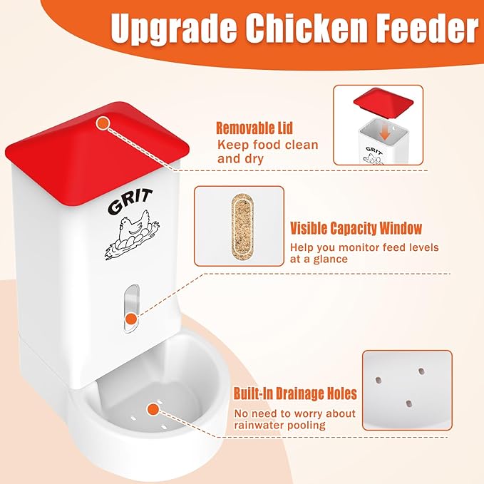 2 Pack Chicken Grit and Oyster Shell Feeder, Automatic PVC Chicken Feeder with Visual Window and Lid, Hanging Chicken Feeder for Strong Eggs Healthier Poultry