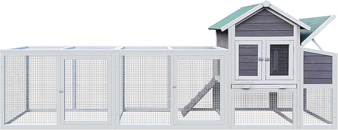 122'' Large Chicken Coop with Run, Wooden Duck Hen House for 3-5 Chickens, Outdoor Chicken Run Poultry Cage Rabbit Cage with Nesting Box, Ramp & Pull-on Tray Gray