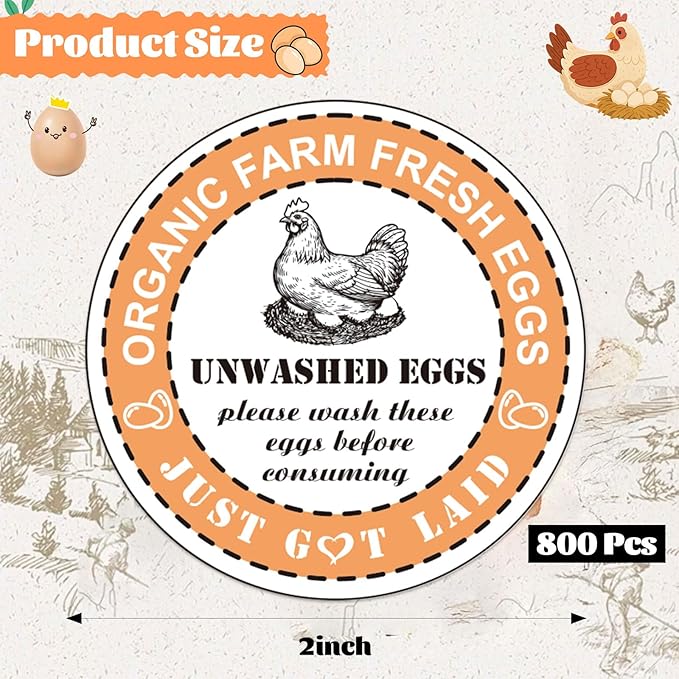800PCS Unwashed Farm Fresh Egg Carton Stickers,2 inch Round Colorful Eggs just got Laid Carton Labels,self Adhesive roll Packaging Stickers for Farm Stand Supplies and Small Business
