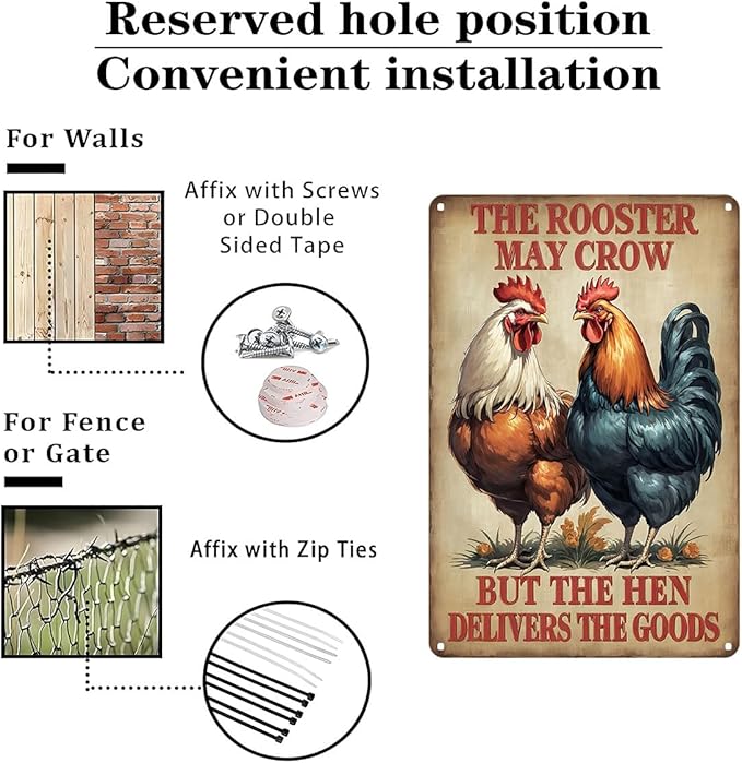 FunnySign Chicken Gifts Rooster Décor The Rooster May Crow But The Hen Delivers The Goods Rustic Tin Sign For Home Farm Chicken Coop Decor 8x12 Inch (9715)