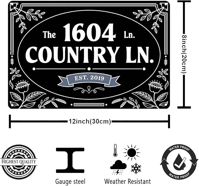 Vintage 1604 Country Lane Farmhouse Metal Sign Suitable for outdoor decoration, garden home porch 8 x 12, easy to hang