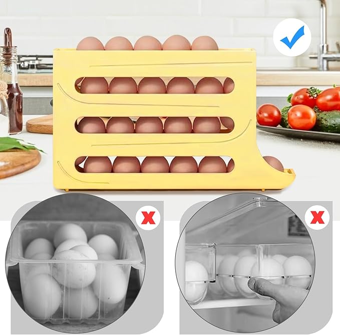 Egg Holder for Fridge, 4 Tiers Dispenser, 30 Egg Container Refrigerator, Large Capacity Organizer Automatic Fridge Rolling Egg Container for Pantry Countertop (Beige)
