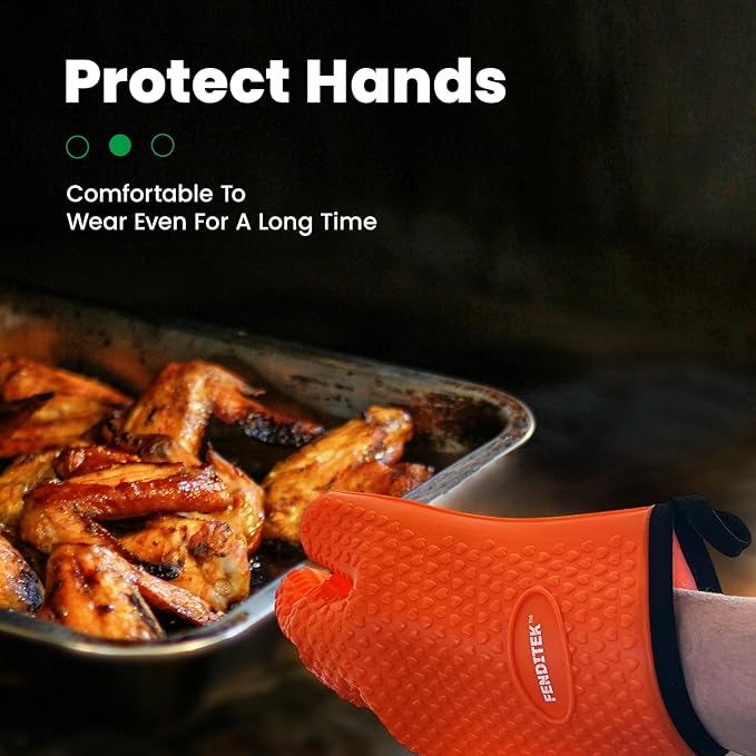 Silicone BBQ Cooking Gloves with Meat Smoker Guide，Heat Resistant Oven Mitts with Fingers，Long Protective Cotton Lined Barbecue Grilling Gloves 1 Pair for Kitchen, Cooking, and Baking Gifts (Orange)