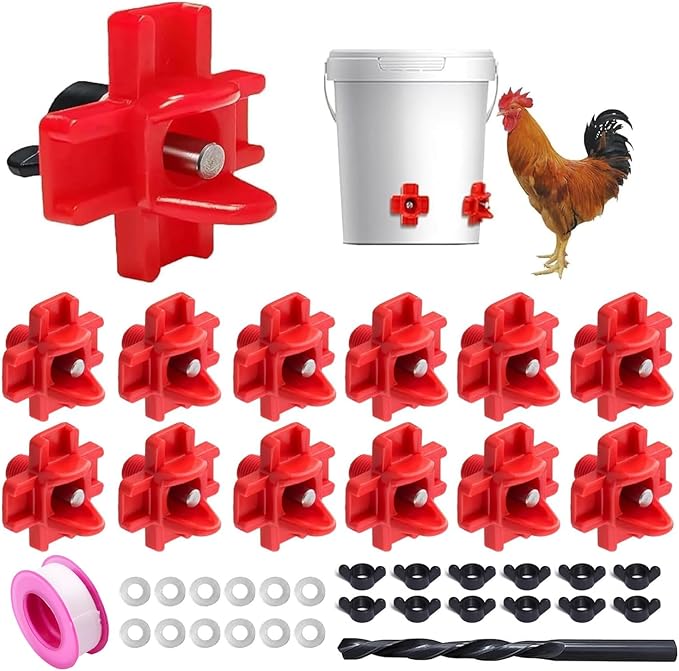 12 Pcs Horizontal Chicken Waterer Nipples with Drill Bits, Leakproof Poultry Watering System for Chicken Coop, Durable ABS Plastic & Stainless Steel, Water Saving Design for Outdoor Use