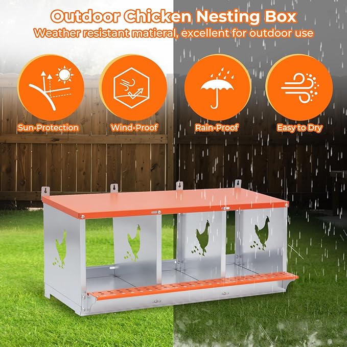 Chicken Nesting Box, 3 Compartment Metal Nesting Boxes for Chickens, Wall Mountable Chicken Laying Boxes, Easy Egg Collection, with Nesting Pads, Indoor & Outdoor Use, 31.8" L x 17" W x 15" H