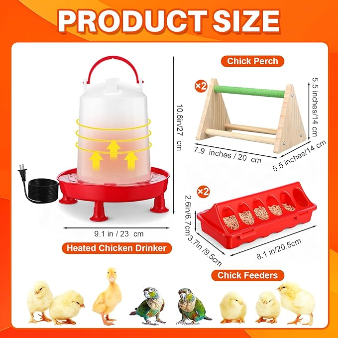 5 Pack 3l Heated Chicken Waterer Chick Perch Set for Winter 0.8 Gallon Heated Poultry Fountain with Leg Support and Flip Top Poultry Feeder for Chicks Ducks Quail