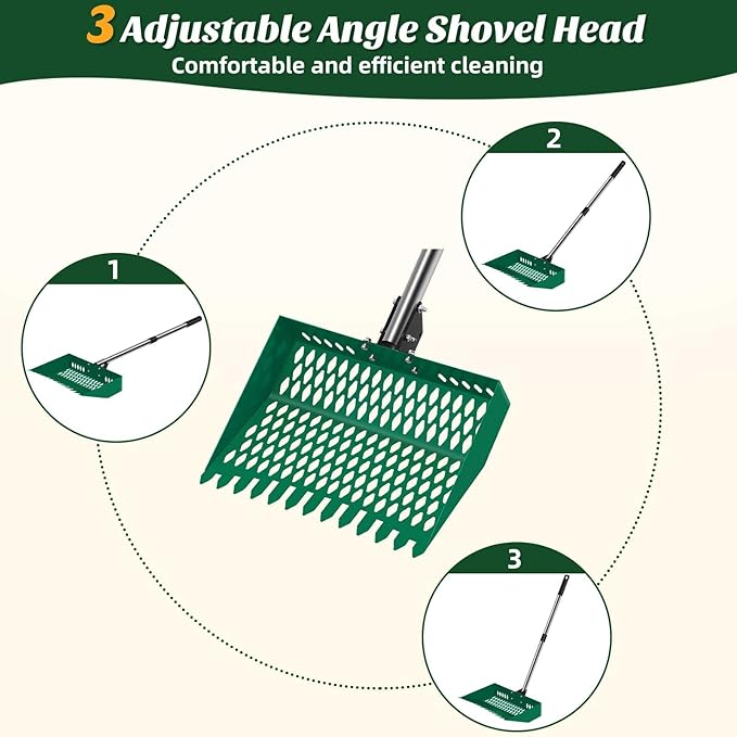 OYEAL Chicken Poop Scooper for Coop, 2-in-1 Metal Rake & Pooper Scooper Sand Sifting Shovel with Grip, Poop Scoop Shovel Litter Scooper for Small Farm Animals, Chicken Supplies, Green