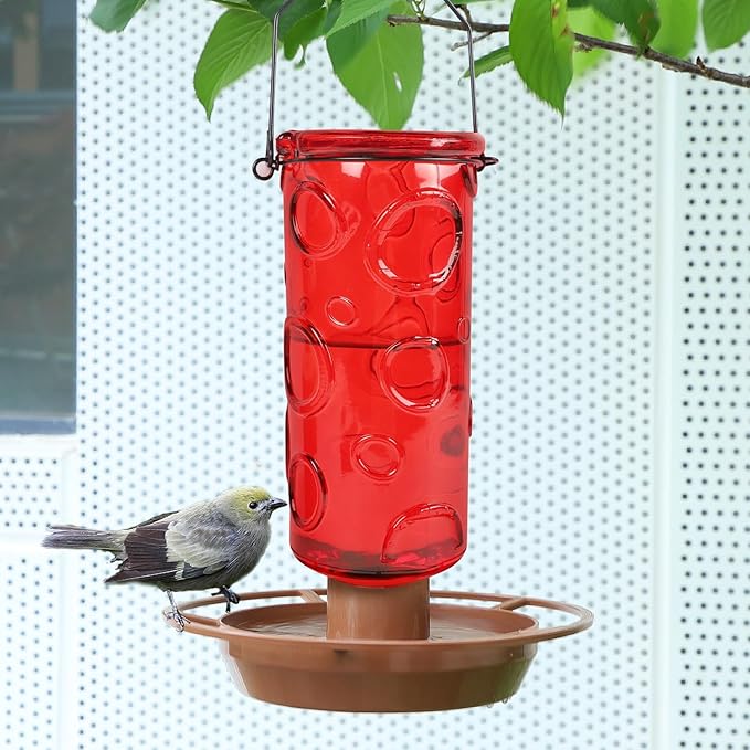 Juegoal Glass Wild Bird Waterer, 28 oz Wild Bird Feeder for Outdoors, Water Cooler with Metal Handle Hanging for Garden Tree Yard Outside Decoration, Red