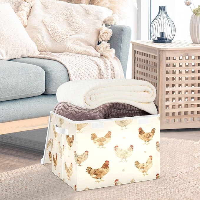 Farmhouse Chickens Fabric Storage Bin with Lid, Collapsible Basket with Handles, Shelf Cube Closet Organizer for Home and Bedroom