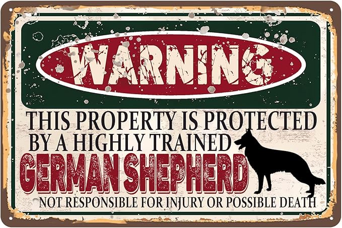 Vintage German shepherd Metal Sign， Warning this property is protected bY a highly trained German shepherd Sign Funny Tin Signs 12x8 Inch
