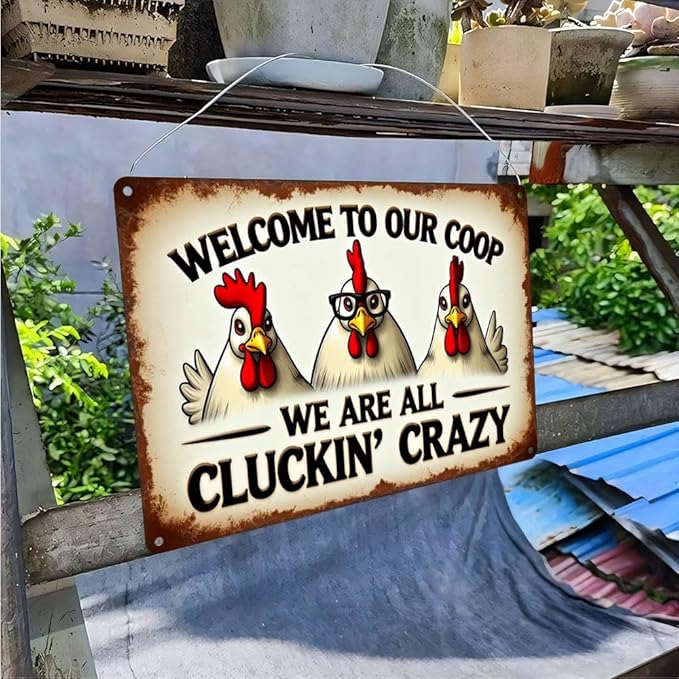 FunnySign Chicken Gifts Rooster Décor Welcome To Our Coop We Are All Cluckin' Crazy Rustic Tin Sign For Home Farm Chicken Coop Decor 8x12 Inch (9702)
