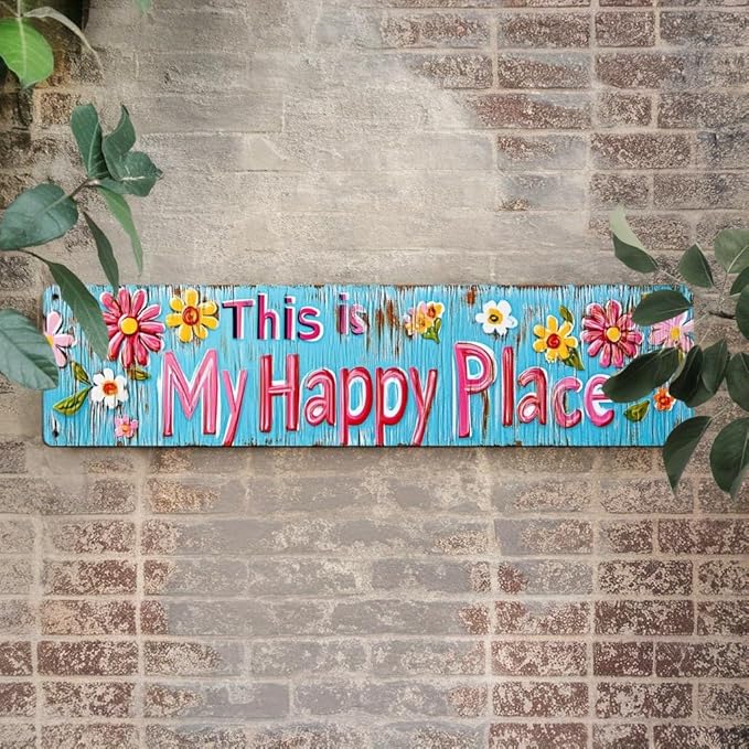 This is My Happy Place Metal Tin Sign Rustic Floral Wall Decor for Bedroom Living Room Kitchen Bathroom Porch 4x16 Inch