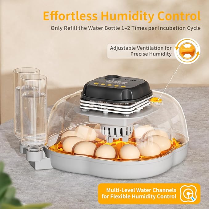 Chicken & Quail Egg Incubator, Dual Egg Trays, Automatic Egg Turning with Auto Stop, Humidity Control, Adjustable Incubation Day & Period, Automatic Water Refill, Egg Candler, Air Vent, Clear View