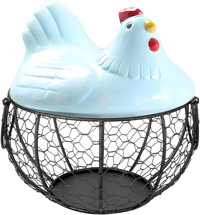 Egg Storage Organizer for Kitchen Countertop, Ceramic Chicken Lid with Wire Basket Dispenser, Black Chicken Egg Holder for Fresh Eggs, Rustics Egg Dispenser Rack for Farmhouse Decor (Blue)