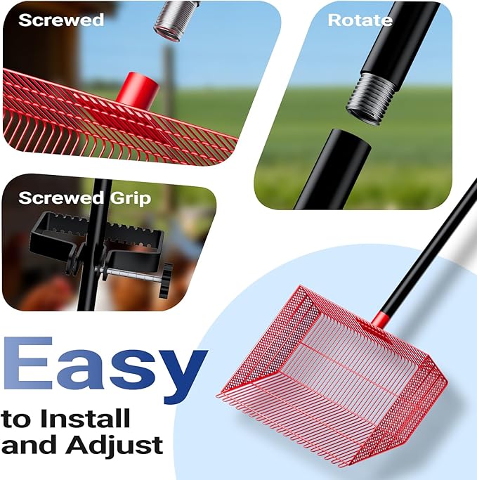 Chicken Poop Scooper with 12" Wide Heavy Duty Litter Shovel and Adjustable 25–73" Steel Handle, Multi-Section Detachable Pole Poop Rake for Easy Chicken Coop Cleaning, Durable Metal Accessories