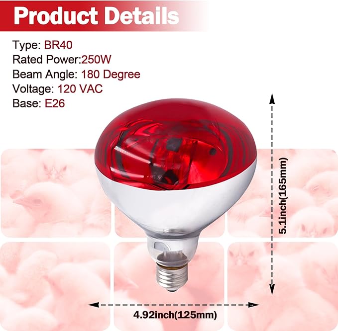 250 Watt R40 Red Heat Lamp Bulbs (2-Pack) - Infrared Incandescent Light Bulb for Chickens, Chicks, Reptiles, Pets, Poultry, Brooder, Coop, Bathroom & Sauna - E26 Base, 120V