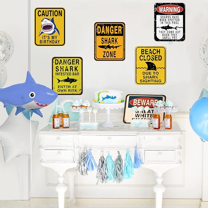 WERNNSAI Shark Party Decorations - 6 PCS Funny Shark Birthday Party Decoration Signs for Boys Kids Under The Sea Theme Birthday Baby Shower Supplies Ocean Shark Sign Decor for Jaws Party Decorations