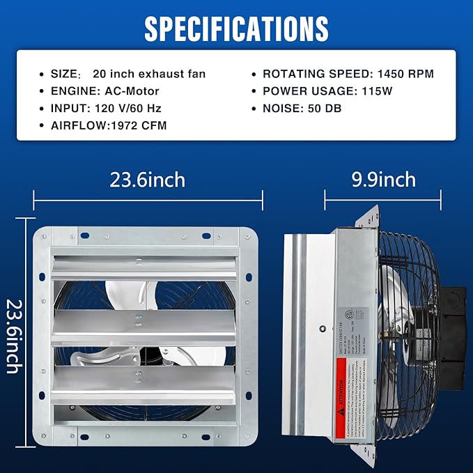 GCJ 20 Inch Shutter Exhaust Fan Wall Mounted, High-Speed 1600 RPM, Attic Fan, Suitable for Ventilation, Extraction, and Exhaust in Garages, Greenhouses, Shops, Attics, and Sheds